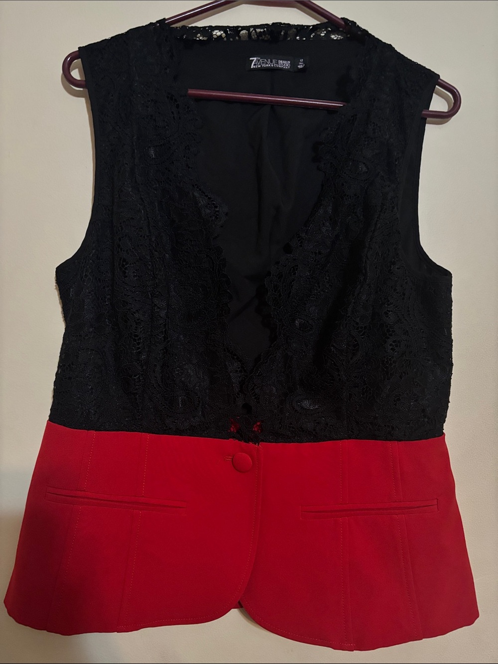 New York & Company Black Lace-Top Vest with Red Hem Detail